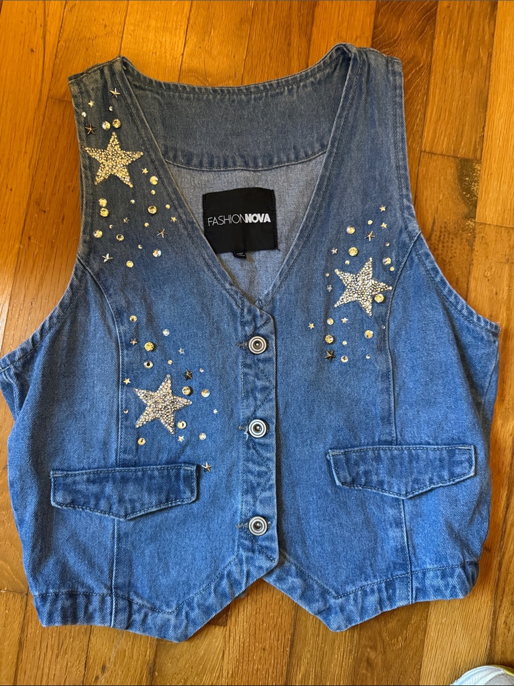 Fashion Nova Blue Denim Star-Embellished Vest 100% cotton